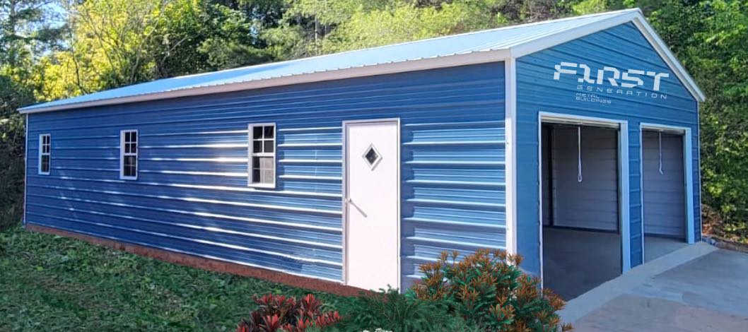 Blue metal garage building